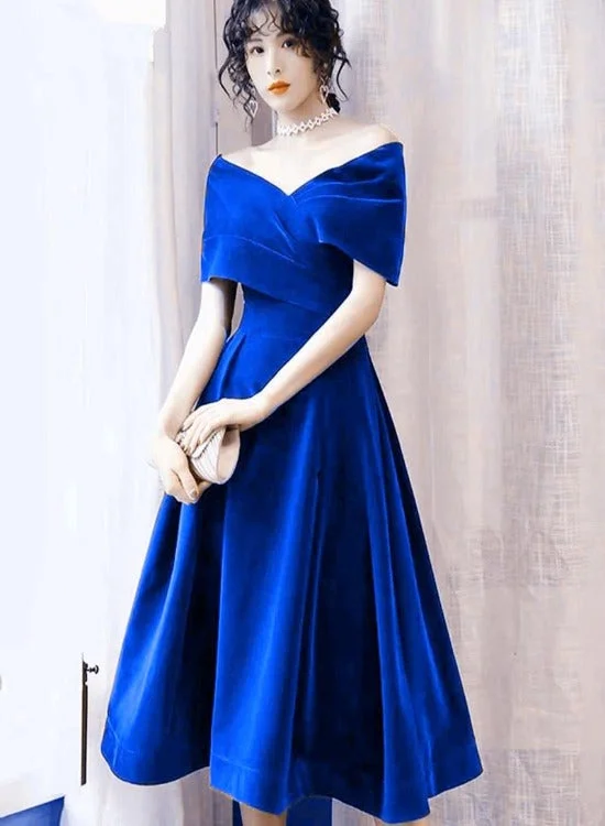 Lovely Royal Blue Velvet Tea Length Off Shoulder Party Dress, Blue Velvet Homecoming Dress Tunics Yoga stretchy