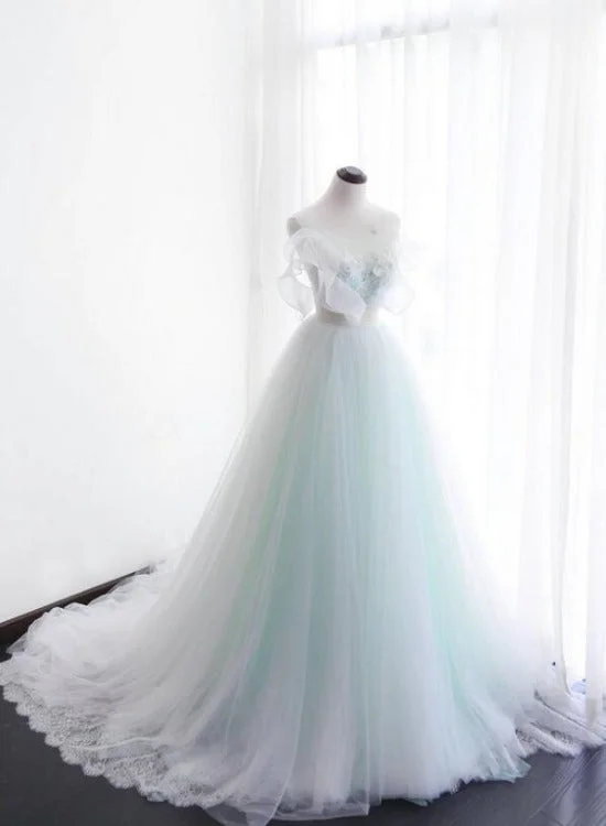 Mint Green and White Glam Tulle with Lace Long Wedding Party Dress, Beautiful Formal Dresses Tunics Stylish elegant