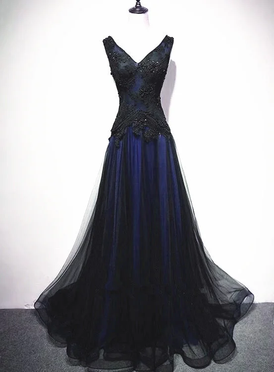 Navy Blue and Black Tulle V-neckline Floor Length Party Dress Evening Dress, Unique Prom Dresses Tunics Floral girly