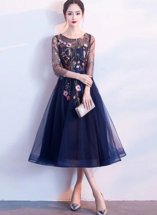 Navy Blue Lace Floral Tulle Tea Length Wedding Party Dress, Blue Formal Dress Tunics Chinos classic