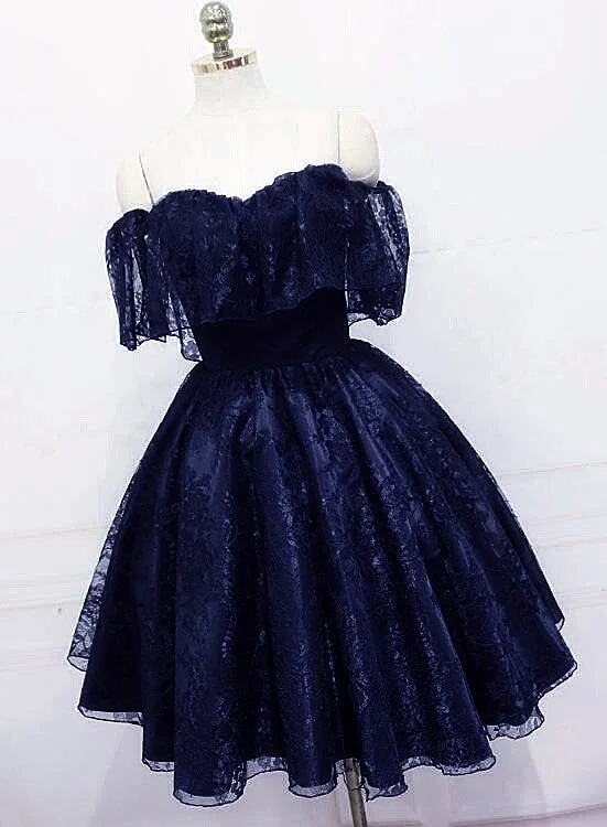 Navy Blue Lace Short Off Shoulder Prom Dress Party Dress, Blue Lace Homecoming Dresses Boat Neckline Classic