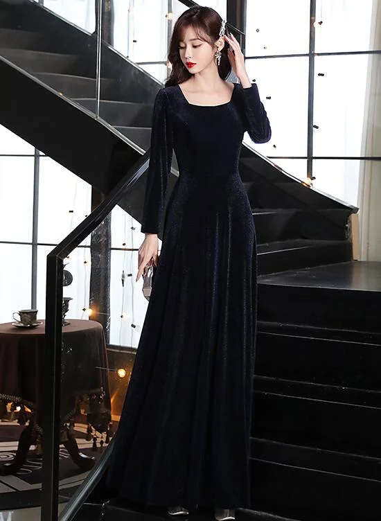 Navy Blue Long Floor Length Velvet Bridesmaid Dresses, Blue Evening Dress Prom Dress Square Neckline Feminine