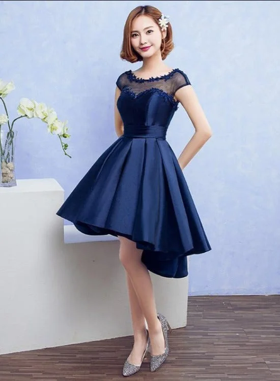 Navy Blue Satin Homecoming Dress With Lace Appliques, Blue Dark Navy Short Party Dress Prom Dress Tunics Bridal satin