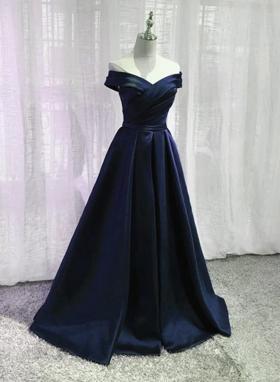 Navy Blue Satin Off Shoulder Floor Length Evening Dress Prom Dress, Blue Formal Dresses Tunics Cozy soft