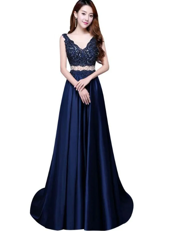 Navy Blue Satin with Lace Beaded Long Junior Prom Dress, Blue Satin Party Dresses Tunics Wedding white