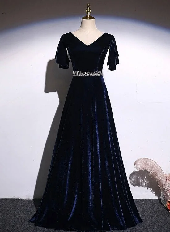 Navy Blue Velvet A-line long Beaded Elegant Party Dress, Simple Velvet Formal Dresses Glittery Long Formal