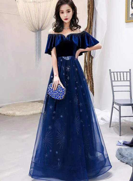 Navy Blue Velvet and Tulle Floor Length Evening Dress Party Dress, Blue Junior Prom Dresses Tunics Seasonal trendy