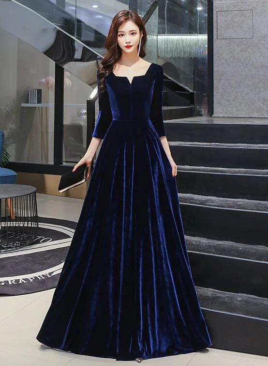 Navy Blue Velvet Long A-line Simple Style Bridesmaid Dresses, Elegant Party Dress Prom Dress Tunics Sophisticated sleek