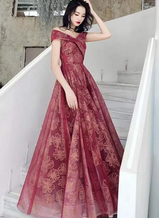 Off Shoulder Sweetheart Wine Red Tulle with Lace Party Dress, Dark Red Long Prom Dress Tunics Versatile functional