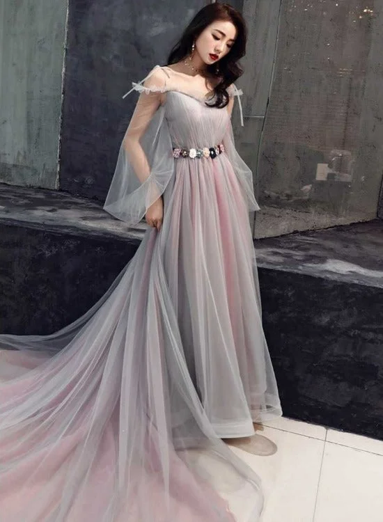 Pink and Grey Tulle Puffy Sleeves Formal Dress with Flowers, A-line Tulle Party Dresses Tunics Corduroy durable