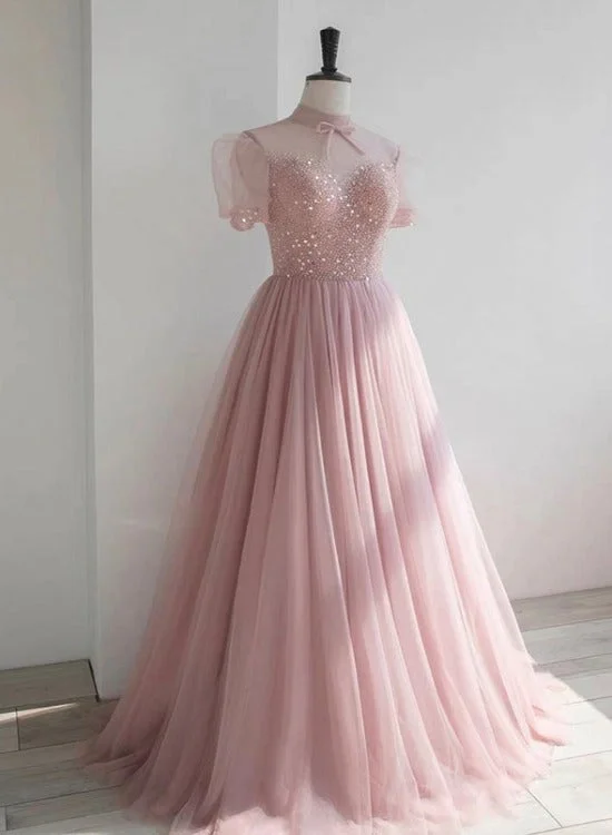 Pink High Neckline Beaded Tulle Short Sleeves Party Dress, Lovely Pink Formal Dresses Tunics Trendy modern