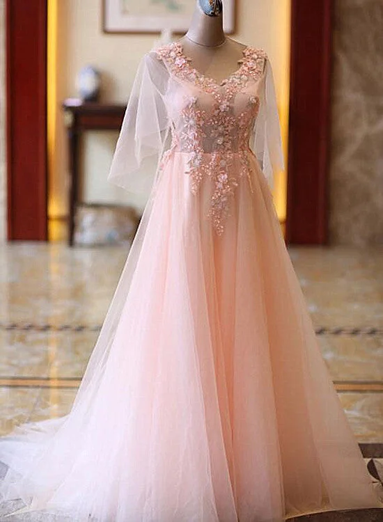 Pink Tulle Flower Lace V-neckline Floor Length Party Dresses, Lovely Pink Prom Dress Turtleneck Neckline Stylish