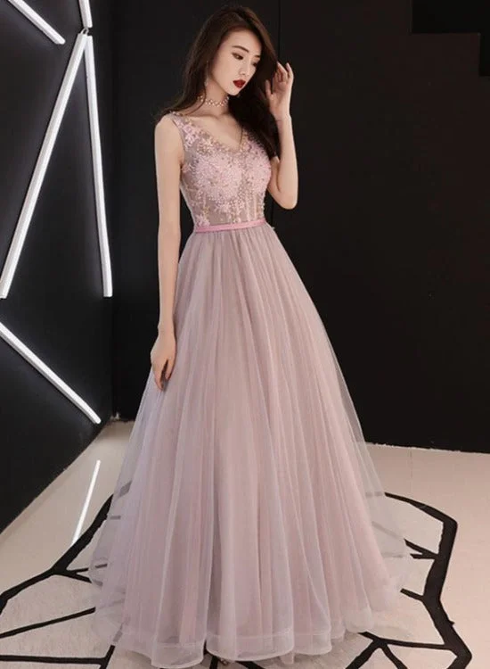 Pink V-neckline Beaded Tulle with Lace Floor Length Party Dress, Pink Evening Dresses Tunics Practical durable