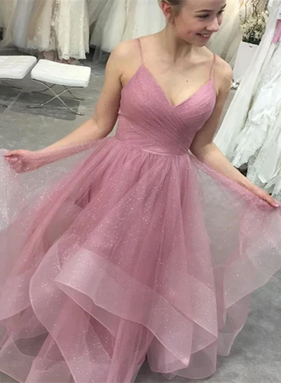 Pink V-neckline Tulle Straps Floor Length Party Dress, Pink Tulle Evening Dress Prom Dress Tunics Brand named