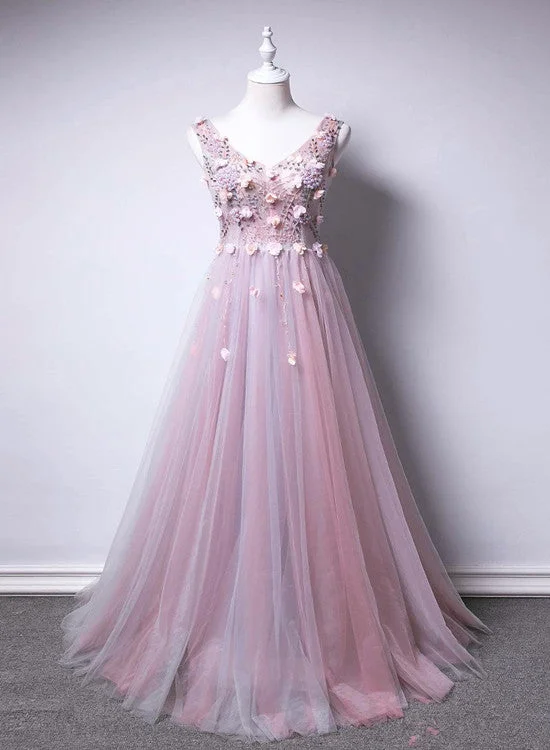 Pink V-neckline Tulle with Flowers Beaded Long Party Dress, Junior Prom Dresses Tunics Exclusive limited