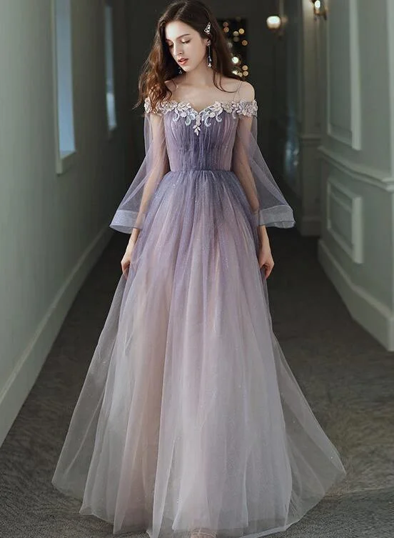 Purple Gradient Tulle Long Sleeves Straps Prom Dress Party Dress, A-line Tulle Formal Dresses Satin Halter Glamorous