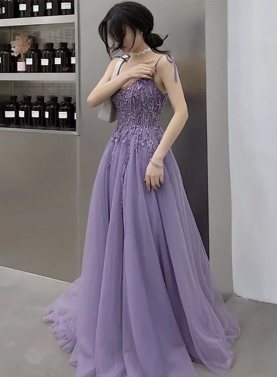 Purple Lace V-neckline Tulle Straps Low Back Tulle Party Dresses, Purple A-line Evening Dresses Turtleneck Warm Winter