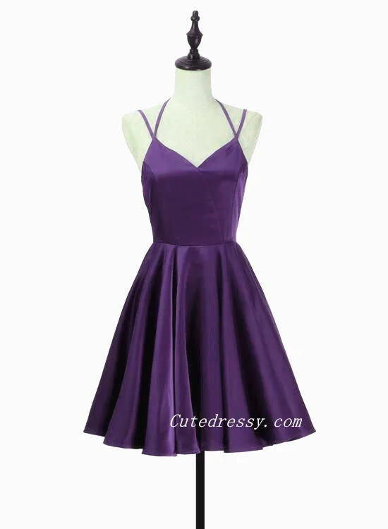 Purple Lovely Straps Short Party Dress Homecoming Dress, Purple Short Prom Dress Tunics stripes playful