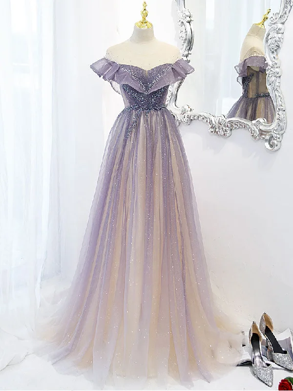 Purple Off Shoulder Tulle Sequin Long Prom Dress, Purple Evening Dress Tunics Brand named