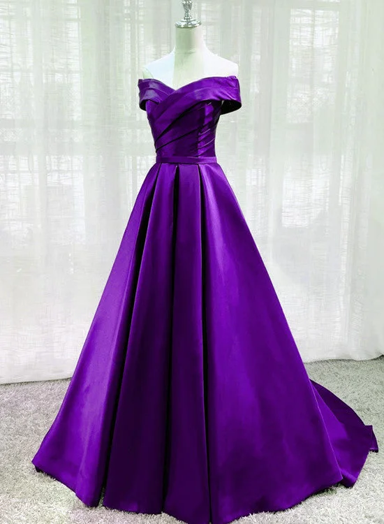 Purple Satin Sweetheart Long Party Dress Prom Dress, Off Shoulder Purple Evening Dress Tunics Party sparkling