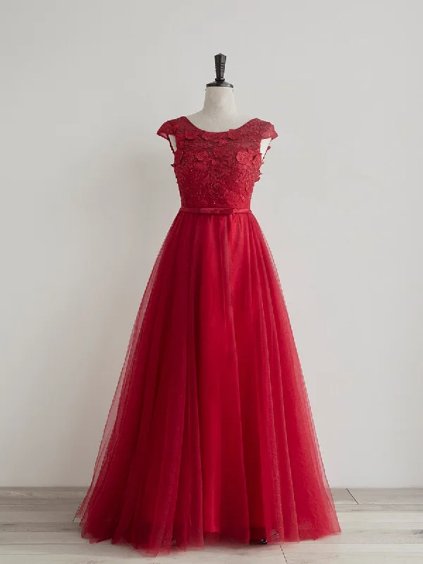 Red Cap Sleeves Lace Top and Tulle Long Bridesmaid Dresses, A-line Red Evening Dresses Tunics Leisure comfortable