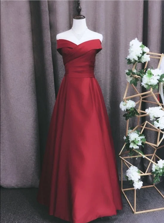 Red Satin A-line Off Shoulder Floor Length Party Dress, Red Evening Dress Prom Dress Tunics Polka dots