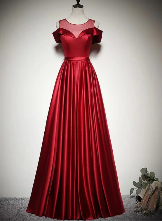 Red Satin Simple A-line Off Shoulder Long Party Dress, Red Evening Dress Prom Dress Shift Classic Vintage