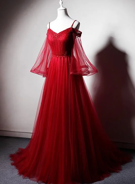 Red Tulle Beautiful Beaded Straps Long Party Dress, Red Off Shoulder Long Sleeves Formal Dress Halter Neckline Beach