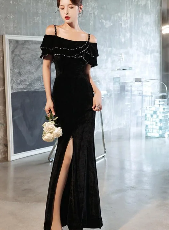 Sexy Black Velvet Beaded Straps Slit Long Evening Dress, Black Formal Dress Party Dress Tunics Stylish modern