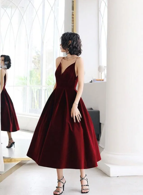 Sexy Velvet Dark Red Backless Straps Wedding Party Dress, Burgundy Short Prom Dresses Tunics Chic elegant