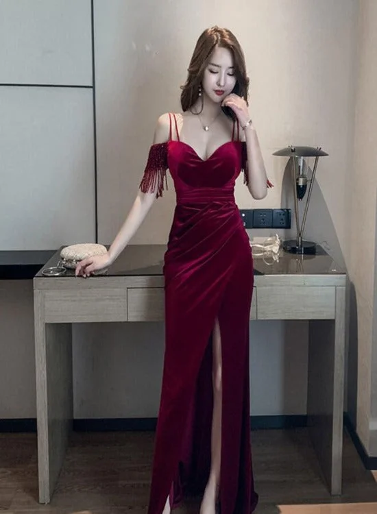 Sexy Wine Red Velvet Mermaid Sweetheart Long Evening Dress, Off Shoulder Dark Red Party Dress Tunics Hiking breathable