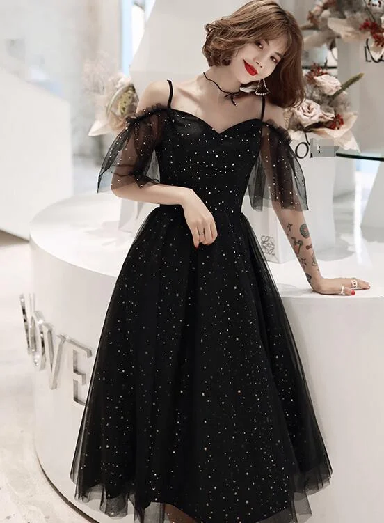 Shiny Black Off Shoulder Tea Length Party Dress Prom Dress, Black Homecoming Dresses Crew Neckline Sporty