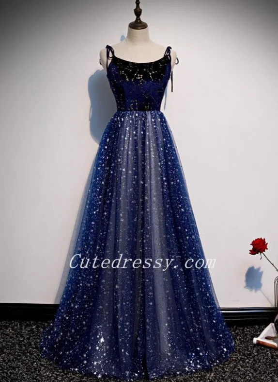 Shiny Blue Tulle with Velvet Top Long Evening Dress, Blue Formal Dresses Party Dresses Tunics Satin smooth