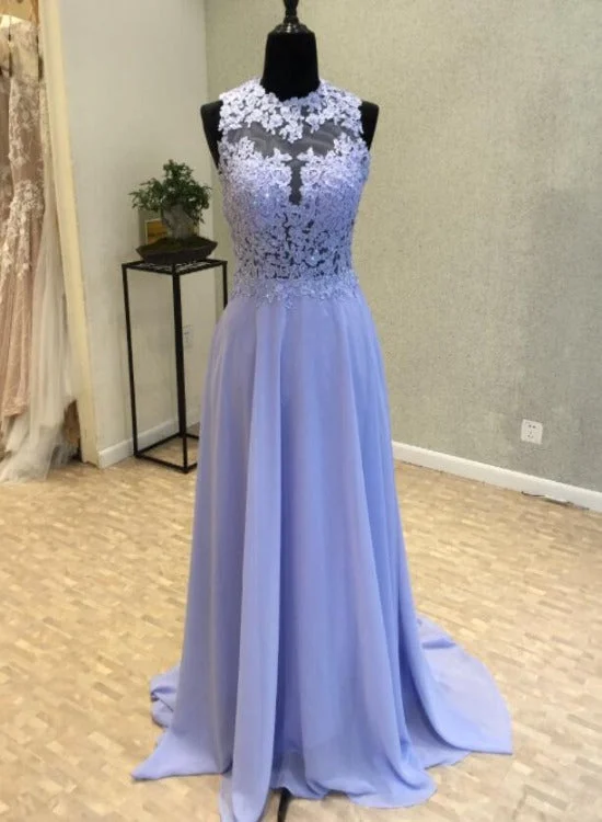 Simple Light Purple Chiffon O-Neck Sleeveless Floor Length, Lace Chiffon A-Line Prom Party Dresses Tunics Handmade artisanal