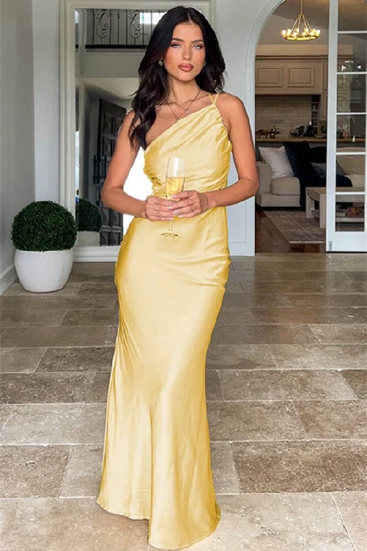 Simple Yellow Bridesmaid Dresses, One Shoulder Girl Graduation Party Dresses, Newest Long Prom Dresses Tunics stripes playful