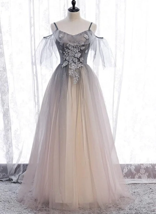 Unique Tulle Gradient Off Shoulder Long Party Dress, Tulle with Lace Prom Dresses Boatneck Modish Everyday