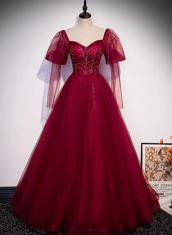 Wine Red Long Sleeves Tulle Evening Gown Prom Dress, Dark Red Beaded Party Dresses Tunics Vintage classic