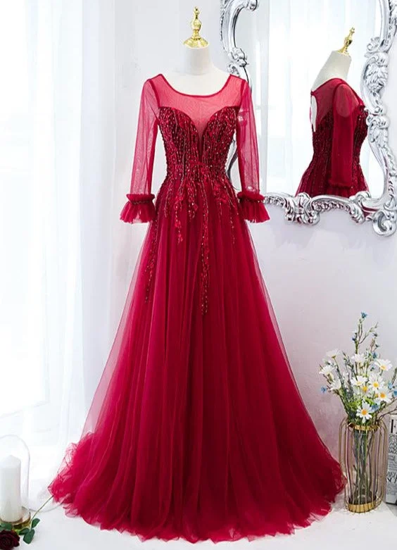 Wine Red Round Neckline Lace Beaded Long Sleeves Party Dress, A-line Wine Red Formal Dress High-Low Hemline Casual