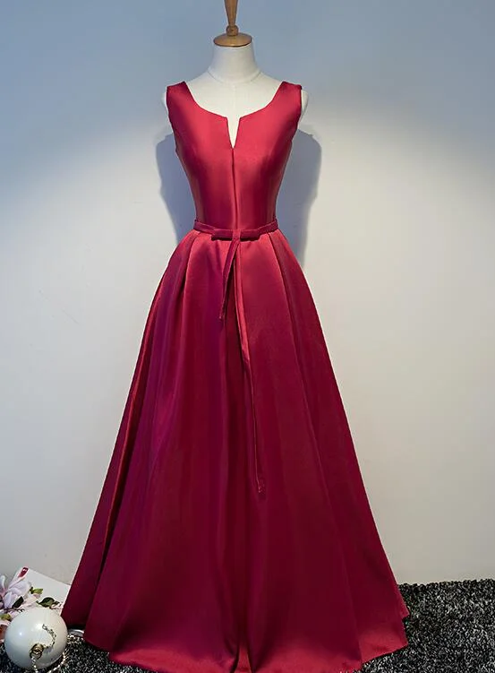 Wine Red Satin Floor Length Lace-up Long Prom Dresses, Dark Red Party Dresses Tunics Top Casual