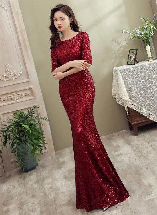 Wine Red Sequins Mermaid Long Evening Dress Party Dress, Dark Red Sequins Bridesmaid Dress Tunics Fall fleece