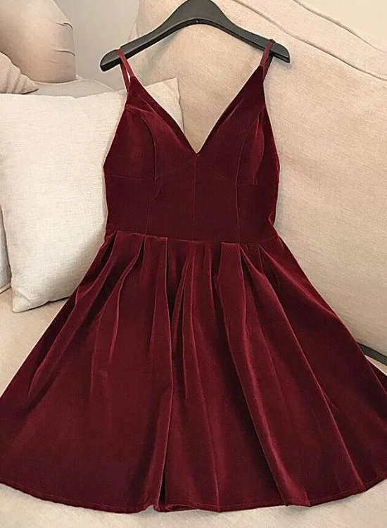 Wine Red Velvet Short V Back Homecoming Dress Party Dress, Dark Red Short Prom Dress Tunics Trousers formal