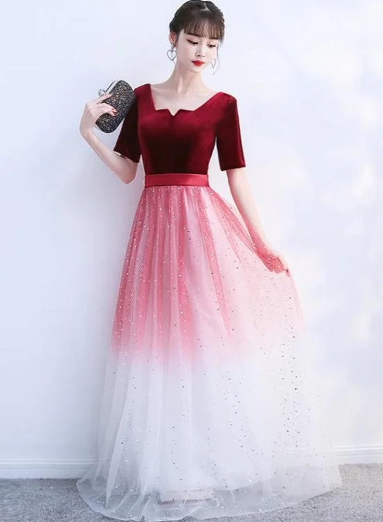 Wine Red Velvet Top Gradient Tulle Long Evening Dress Party Dress, A-line Simple Bridesmaid Dresses Tunics Denim casual