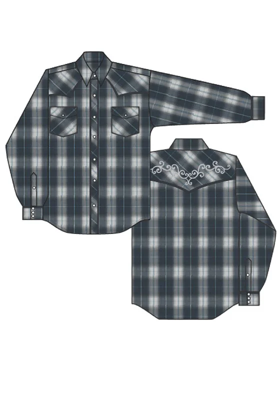 WOMENS LONG SLEEVE SNAP NAVY GREY AND LIGHT BLUE LG SCALE PLAID WESTERN SHIRT Anti-Shrink Durable Soft WOMENS LONG SLEEVE SNAP NAVY GREY AND LIGHT BLUE LG SCALE PLAID WESTERN SHIRT Anti-Shrink Durable Soft