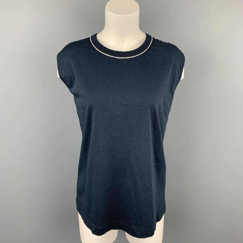 DRIES VAN NOTEN Size L Navy Jersey Cotton Rhinestone T-Shirt Hooded Caped Shawl Collar DRIES VAN NOTEN Size L Navy Jersey Cotton Rhinestone T-Shirt Hooded Caped Shawl Collar