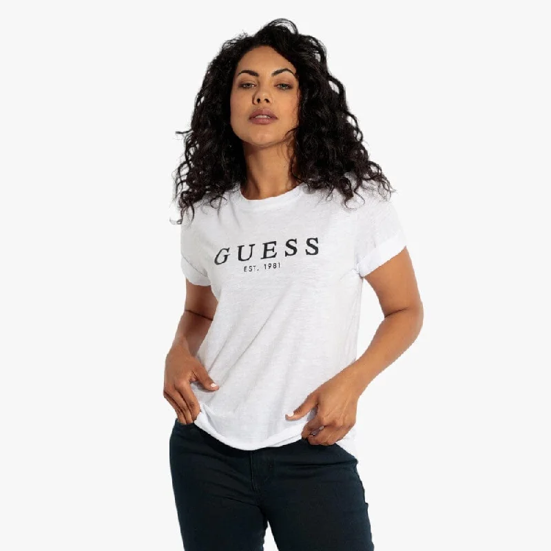 Guess Womens 1981 Roll Cuff Short Sleeve Tee White Graphic T-Shirt Round Neck Polyester Guess Womens 1981 Roll Cuff Short Sleeve Tee White Graphic T-Shirt Round Neck Polyester