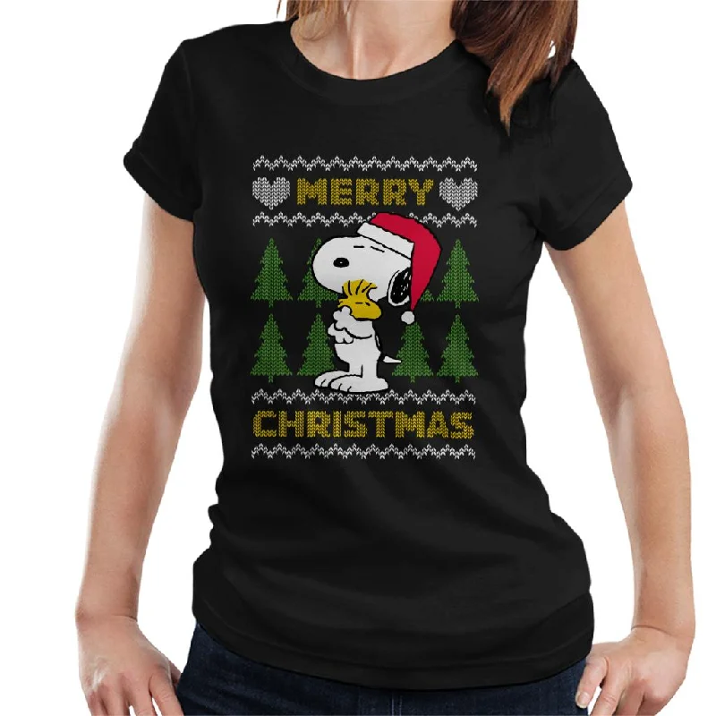 Peanuts Snoopy Hugs Merry Christmas Knit Pattern Women's T-Shirt Knit Fabric Woven Fabric Fleece Fabric Peanuts Snoopy Hugs Merry Christmas Knit Pattern Women's T-Shirt Knit Fabric Woven Fabric Fleece Fabric