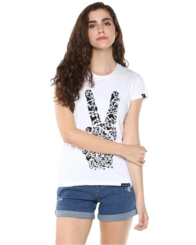 Womens Half Sleeve Peace Printed White Color Tshirts Spandex Blend Rayon Blend Denim Blend Womens Half Sleeve Peace Printed White Color Tshirts Spandex Blend Rayon Blend Denim Blend
