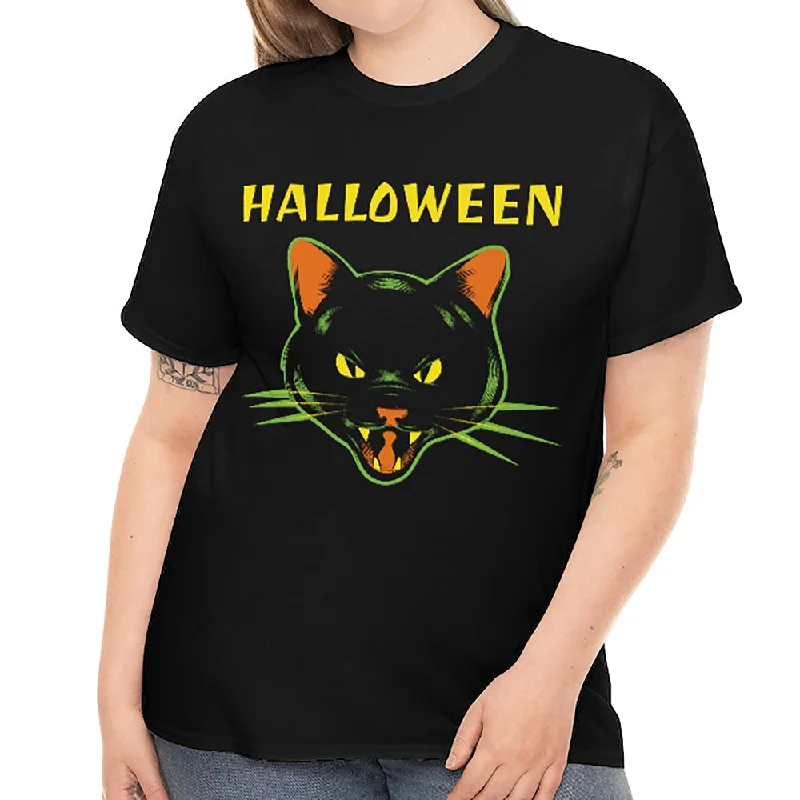 Black Cat Womens Halloween Shirts for Plus Size Women Black Cat Shirt Plus Size Halloween Costumes for Women Front Pockets Side Pockets Patch Pockets