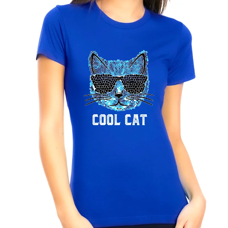 Cool Cat Shirt - Cool Cat Mom Shirt - Blue Cat Shirts for Women Cat Mom Gifts for Women Cat Lover Shirts Seamless Knitted Crochet