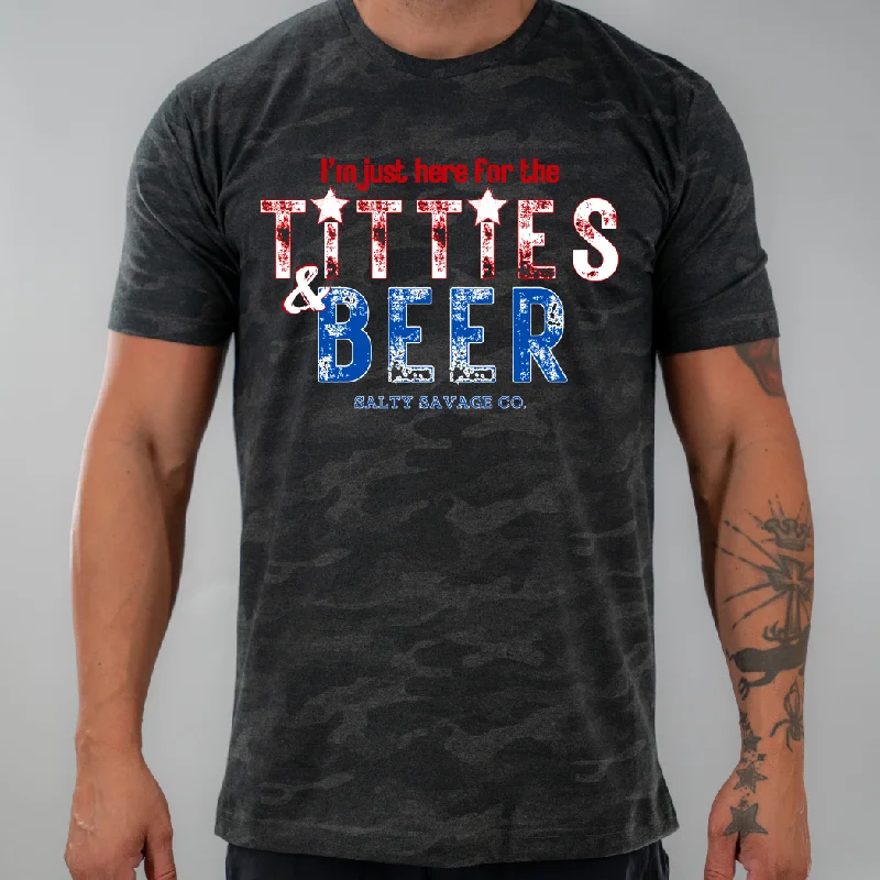 Salty Savage Unisex "TITTIES & BEER" 100% Cotton Tee Denim Fabric Leather Fabric Suede Fabric